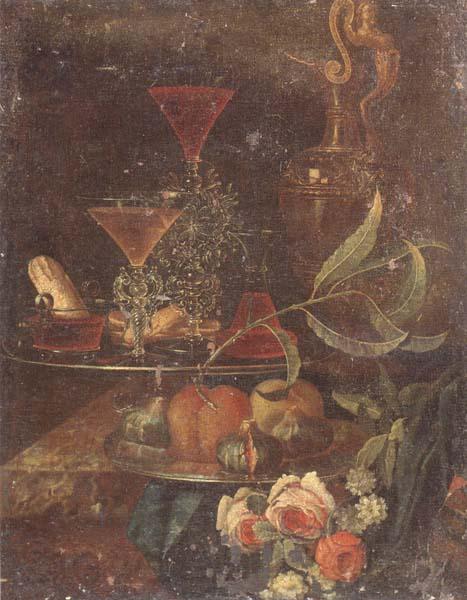 unknow artist Still Life of wine-glasses,a decanter,a glass bowl,sweet breads,figs and peaches upon pewter plates,together with a gilt ewer and flowers,all upon a m